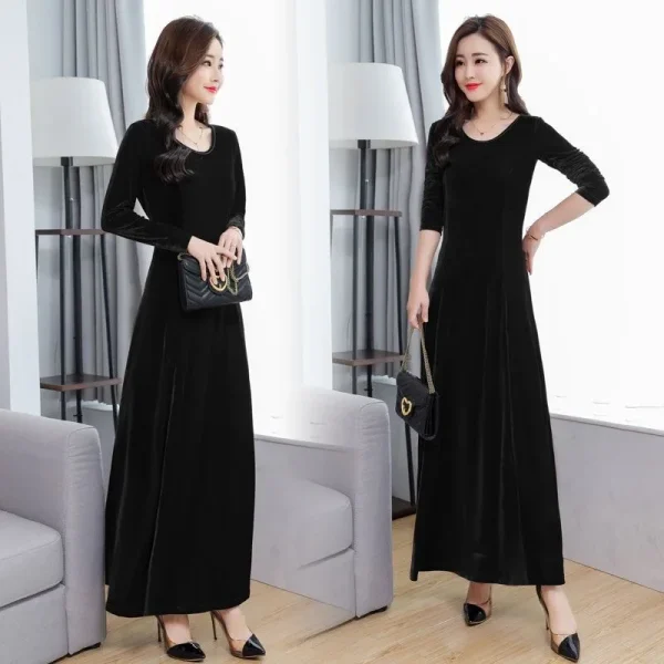 Abito elegante in velluto a maniche lunghe con scollo tondo Abito lungo stile Cheongsam da donna Autunno Inverno Nuovo arrivo gonna base taglie forti 4