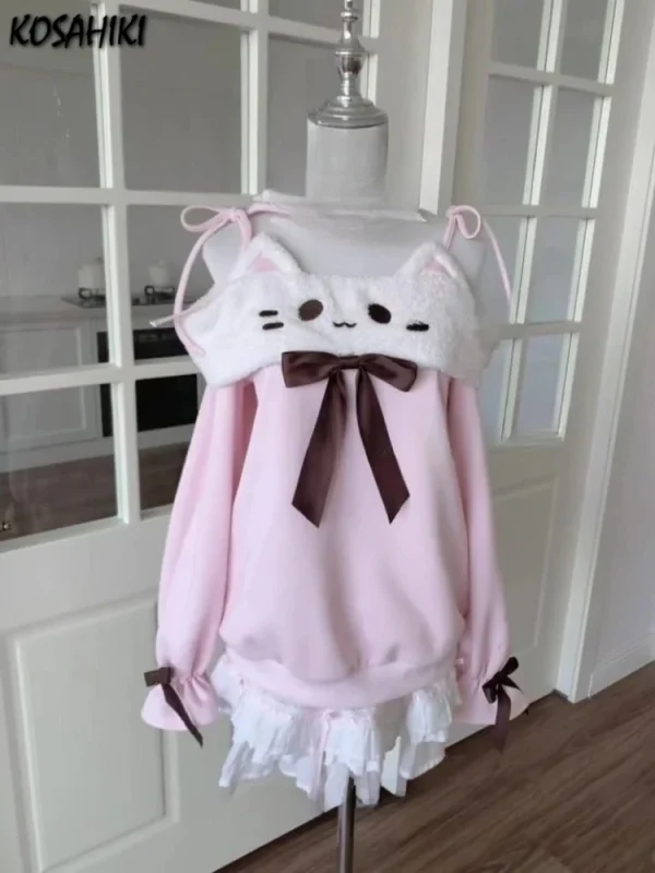 Felpa giapponese patchwork kawaii simpatico cartone animato allentato grunge slash neck fasciatura top casual Y2k fiocco estetico abbigliamento donna 1