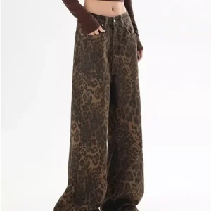 2025 Jeans vintage americani con stampa leopardata Donna Autunno Inverno Nuovo design Senso Piccola tuta a tubo dritto Pantaloni casual 1