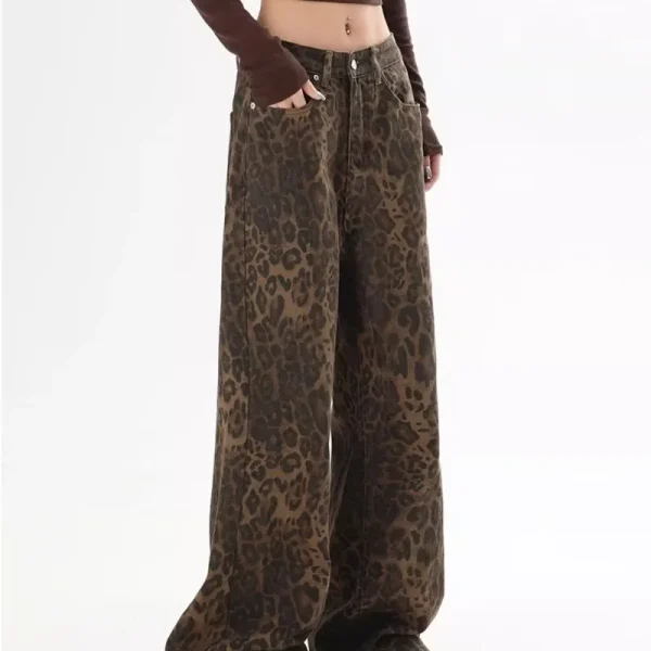 2025 Jeans vintage americani con stampa leopardata Donna Autunno Inverno Nuovo design Senso Piccola tuta a tubo dritto Pantaloni casual 1