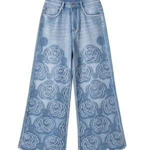 Designer da donna autunno inverno che bordano ricamato scava fuori jeans rosa pantaloni in denim a gamba larga pantaloni alla caviglia a gamba dritta 1