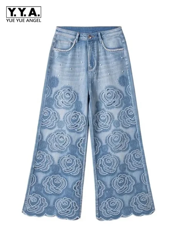Designer da donna autunno inverno che bordano ricamato scava fuori jeans rosa pantaloni in denim a gamba larga pantaloni alla caviglia a gamba dritta 1