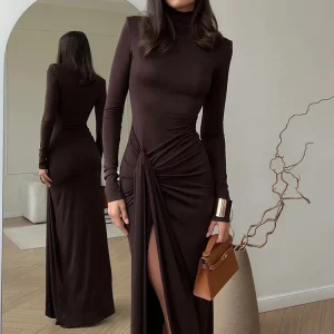 Abito lungo sexy con spacco alto e collo alto per le donne Abito lungo da club aderente con fasciatura drappeggiata a maniche lunghe alla moda 1