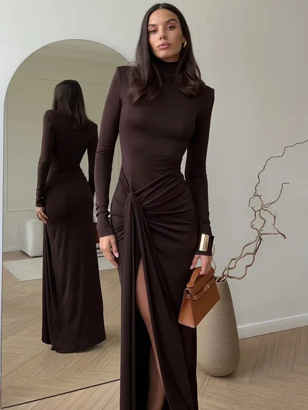 Abito lungo sexy con spacco alto e collo alto per le donne Abito lungo da club aderente con fasciatura drappeggiata a maniche lunghe alla moda 1