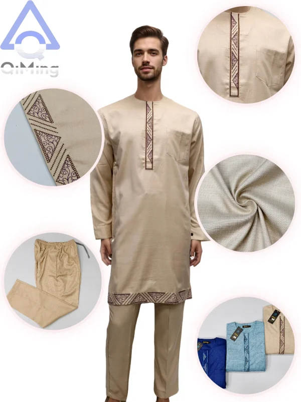 Abito da uomo musulmano islamico 2 pezzi da sposa punjabi 80% cotone ricamo inverno arabo marocco abiti pantaloni boubou africani 5