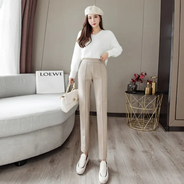Pantaloni di lana Pantaloni a matita Harem da donna 2024 Autunno Inverno Vita alta Addensare Pantaloni da abito in velluto Pantaloni da donna da ufficio 3