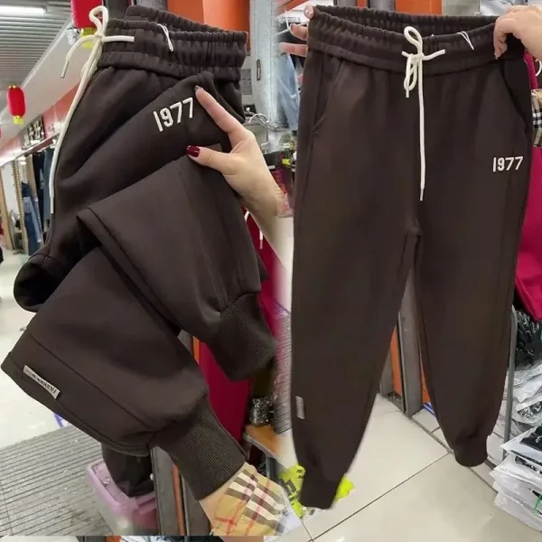Pantaloni casual da donna con fodera in pile con coulisse, pantaloni sportivi stile harem ricamati 6