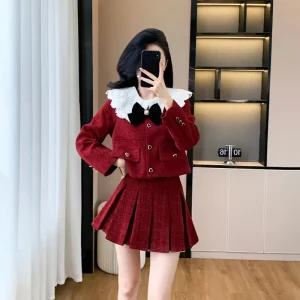 Real Shot Autunno Inverno New Rich Family Heriress Stile classico Colletto per bambola Giacca corta con giunture in pizzo Gonna a pieghe Set da due pezzi 1
