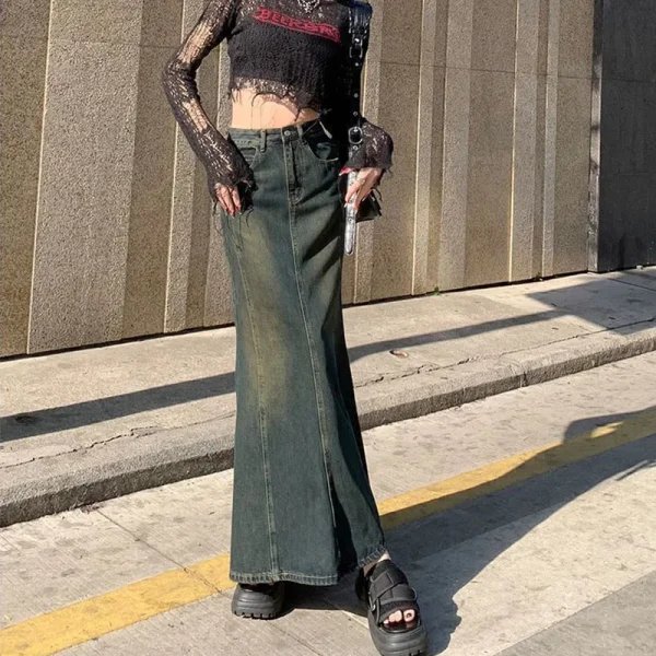 Biyaby Sirena Gonne di jeans Autunno Inverno Donna Fasciatura sexy Gonna lunga fino al pavimento Donna Moda vintage Gonne a vita alta Donna 6