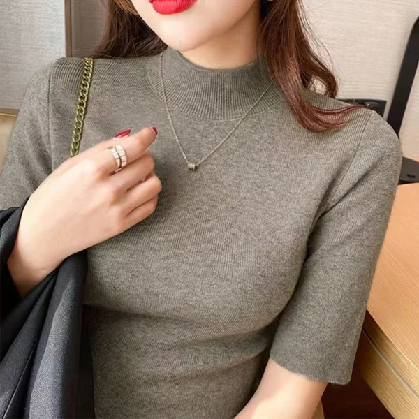 Top da donna in tinta unita con colletto alla coreana, mezza manica, casual, sottile, in maglia elastica alta, basic, morbido, autunno/primavera 5