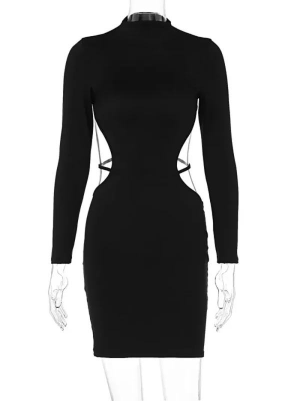 Elegante fasciatura senza schienale pacchetto abito da sera alla moda donna 2025 sexy solido nero manica lunga aderente mini night club party outfit 4