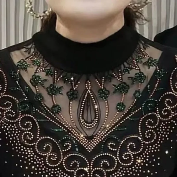2023 Autunno e Inverno Pullover da donna Mezza collo alto in pizzo Scava fuori Strass Sottile sottofondo Moda Casual Top a maniche lunghe 3