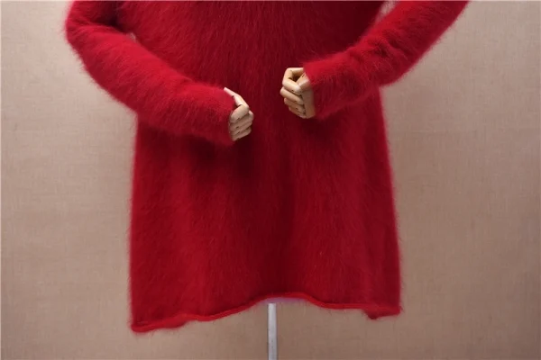 Pull Femmes Donna Rosso Autunno Inverno Vestiti Visone peloso Cashmere Dolcevita lavorato a maglia Maniche lunghe Abito maglione maglione medio lungo 3
