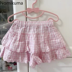 2025 Faldas Mujer De Moda Gonna estiva giapponese Donna Vita alta Jupe Kawaii Ricamo Moda Plaid Mini Y2k Rosa Gonne carine 1