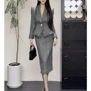 UNXX Classic Style Suit Autumn/Winter Elegant Tweed Jacket with High-Waisted Bodycon Long Skirt Two-Piece Set for Women Female 1