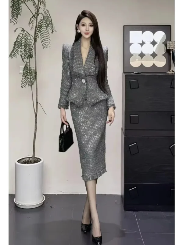 UNXX Classic Style Suit Autumn/Winter Elegant Tweed Jacket with High-Waisted Bodycon Long Skirt Two-Piece Set for Women Female 1