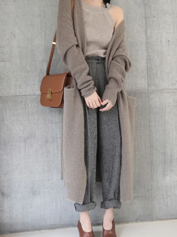 Maglione cardigan lungo lavorato a maglia addensato di nuova moda donna autunno inverno maglione a maniche lunghe cappotto capispalla allentato casual 4