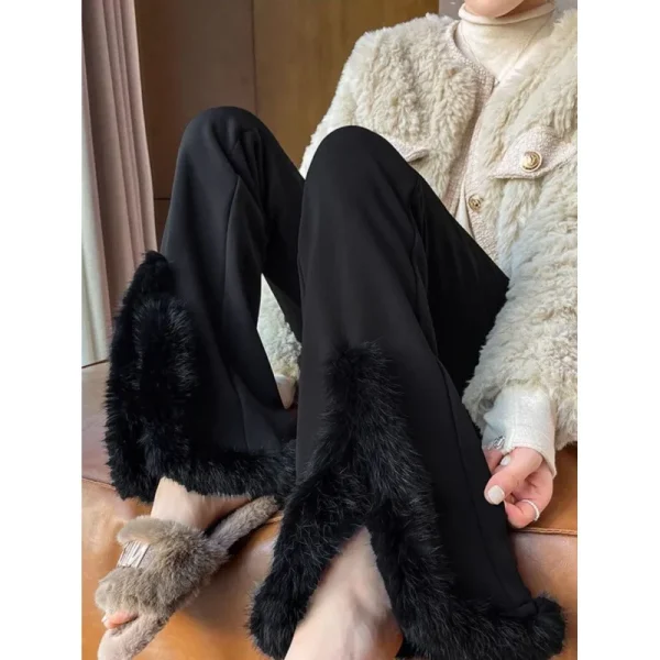 Pantaloni svasati in pelliccia sintetica a vita alta Autunno Inverno Pantaloni foderati in pelo di coniglio stile casual Pantaloni Harlan Tessuto stampato/tessuto tinto 1