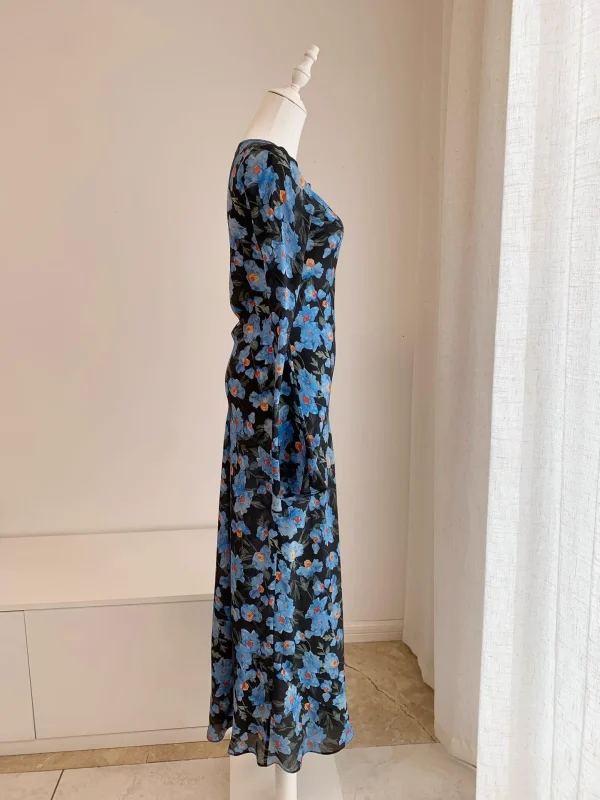 Abito lungo da donna in seta 100% con stampa floreale blu, girocollo, manica lunga, abito slim vintage 1
