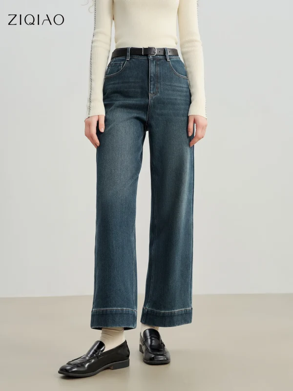 ZIQIAO 2025 Jeans in denim foderati in pile blu vintage di nuovo arrivo invernale per jeans da donna alla caviglia con gamba dritta dimagrante Petite 1