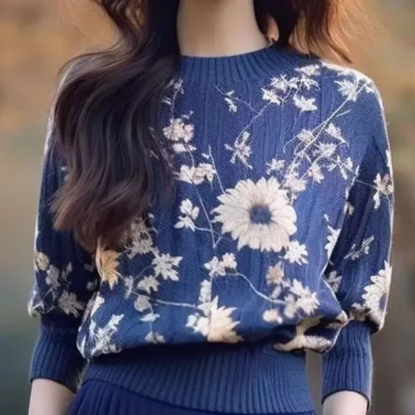 Primavera Autunno Lanterna Manica lunga Abbigliamento da donna Girocollo Pianta e fiori Pullover all'uncinetto Maglione lavorato a maglia Top eleganti 2