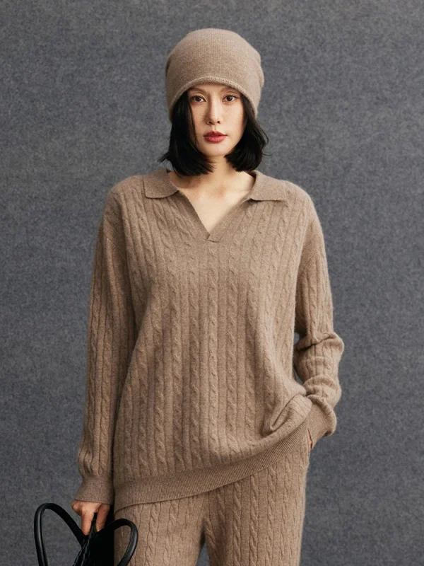Polo da donna con scollo a V maglione pullover allentato casual 100% maglieria in cashmere caldo lusso twist fiore maglione autunno inverno vestiti Top 4