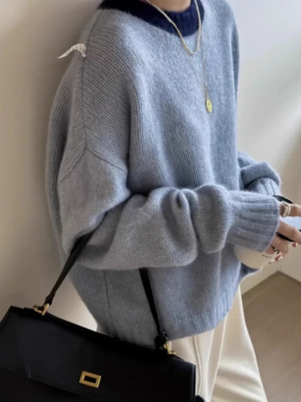 Maglione da donna in puro cashmere con collo rotondo in colore abbinato, maglione corto con base in lana lavorata a maglia ispessita e ampia autunno e inverno 2