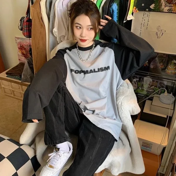 maglietta oversize primavera autunno harajuku maglietta vintage con stampa di lettere maglietta pullover da donna manica lunga y2k top unisex streetwear 1