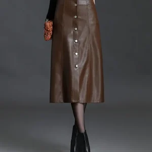 ZUZK gonna a trapezio in pelle Pu da donna 2024 autunno inverno elastc bottone in vita decorativo elegante gonna da donna da ufficio 2 colori 1
