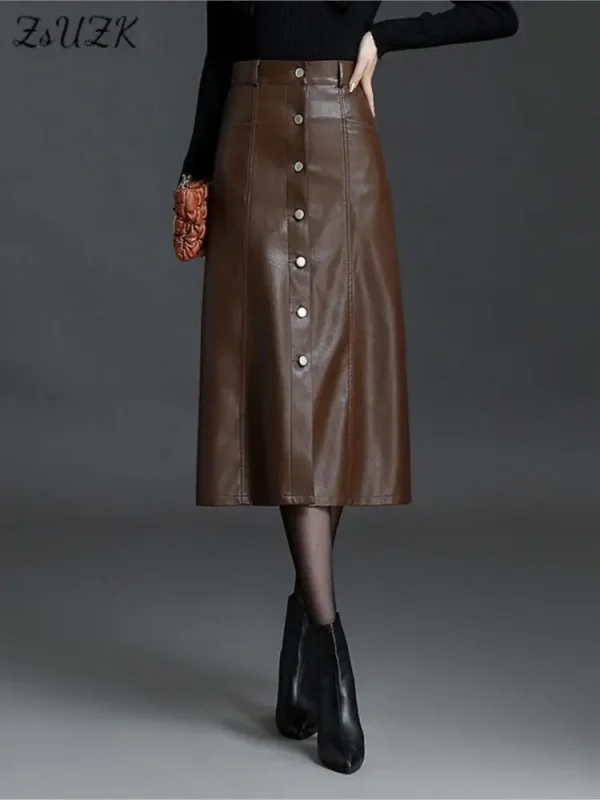ZUZK gonna a trapezio in pelle Pu da donna 2024 autunno inverno elastc bottone in vita decorativo elegante gonna da donna da ufficio 2 colori 1