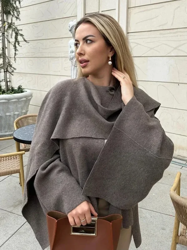 Giacca da donna autunno inverno Cappotto da pendolare casual da donna Cappotto oversize allentato lavorato a maglia Giacca sciarpa chic divisa elegante asimmetrica 4