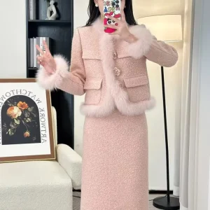 Autunno Inverno Nuovo Cappotto in Pelliccia Sintetica Gonna Lunga da Donna Set da 2 Pezzi Imbottito da Donna da Ufficio Due Pezzi Gonna Set di Vestiti 1