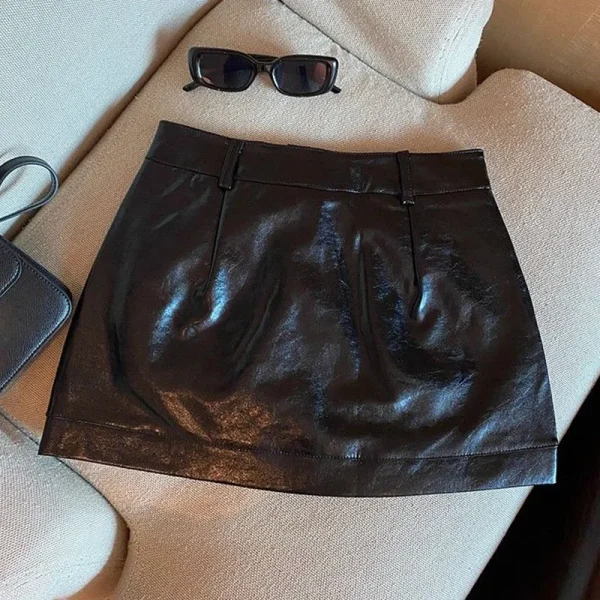 Gonne in pelle PU rosso vino per donna Clubwear sexy Minigonna in pelle avvolta sui fianchi Gonne corte antiriflesso autunno inverno femminile 6