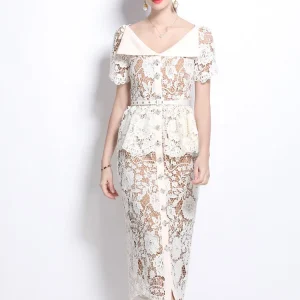 SMTHMA Abito elegante con risvolto a maniche corte in pizzo con temperamento scavato Abiti estivi a vita sottile da donna con cintura 1