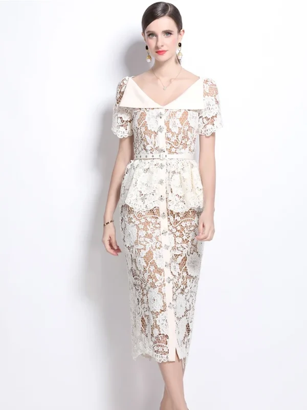 SMTHMA Abito elegante con risvolto a maniche corte in pizzo con temperamento scavato Abiti estivi a vita sottile da donna con cintura 1