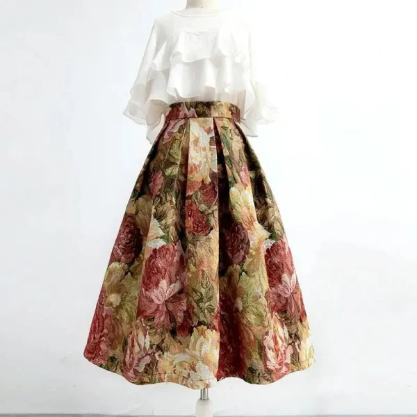 Floreale elegante Chic a vita alta abito da ballo a-line gonna allentata da donna gonne lunghe al ginocchio per abbigliamento donna moda 2024 3