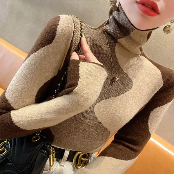Abbigliamento donna Maglioni dolcevita slim moda vintage Autunno Inverno Elegante pullover in maglia patchwork chic Top da donna da ufficio 3