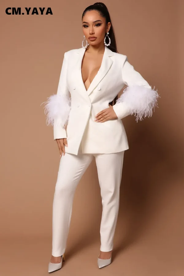 CM.YAYA Vintage Women Fur Hem manica lunga Blazer Suit and Pants 2023 Chic OL Fashion due 2 pezzi Set outfit tuta Basic 5