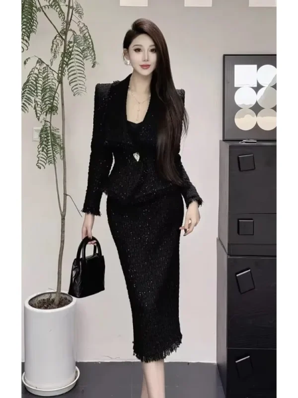 UNXX Classic Style Suit Autumn/Winter Elegant Tweed Jacket with High-Waisted Bodycon Long Skirt Two-Piece Set for Women Female 2