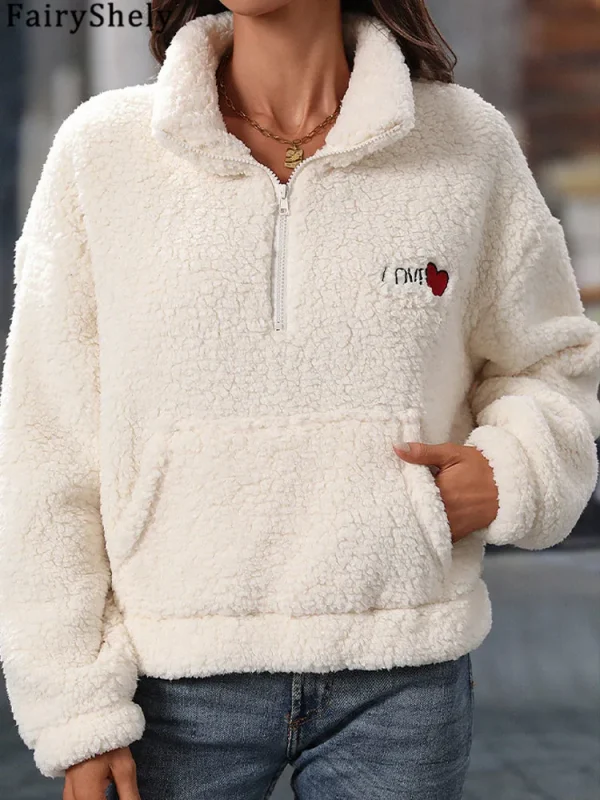 Fairyshely 2025 Autunno Inverno Bianco Felpe con cappuccio da donna Manica lunga con cerniera Felpa con cappuccio Casual Lady Felpa con cappuccio in peluche allentata Top 4