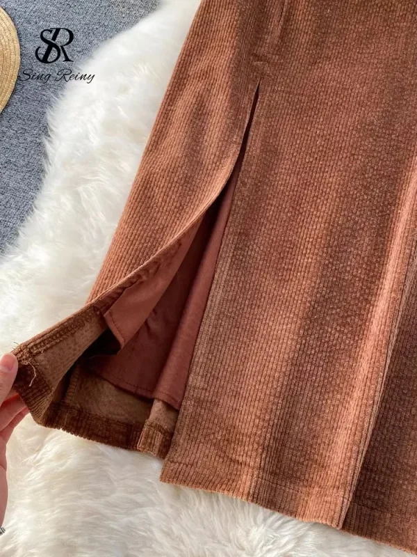 SINGREINY Donne Coreano Split Gonna Lunga Sexy 2024 Velluto A Coste di Inverno Sottile di Spessore Streetwear Moda Vintage Autunno Gonna Aderente 6