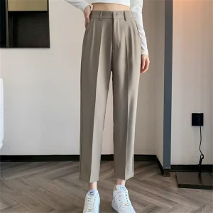 Pantaloni da abito a vita alta da donna 2024 Primavera Estate Bottone solido Casual Allentato alla caviglia Pantaloni da lavoro kaki da donna 1