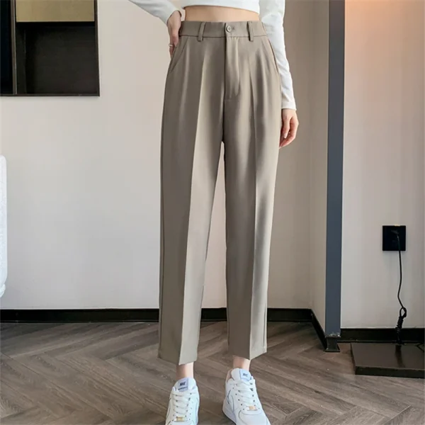 Pantaloni da abito a vita alta da donna 2024 Primavera Estate Bottone solido Casual Allentato alla caviglia Pantaloni da lavoro kaki da donna 1