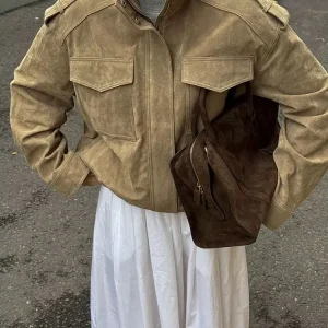 HH Giacca da donna in pelle strutturata scamosciata moda autunnale da strada tinta unita maniche lunghe collo alto con tasche cappotti vintage 1