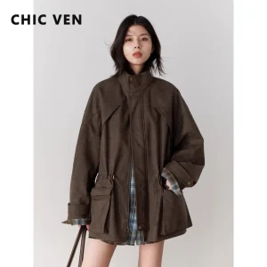 CHIC VEN Nuove donne giacche in pelle scamosciata allentate retrò colletto alla coreana cappotto casual da donna di media lunghezza cappotto femminile autunno inverno 2025 1