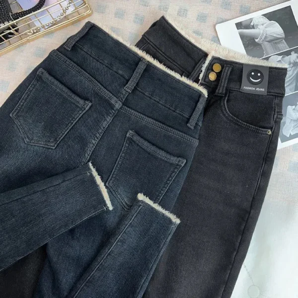 Jeans a matita slim in lana d'agnello calda Vaqueros skinny in peluche da donna Pantaloni in denim in pile addensato a vita alta vintage Legging in velluto casual 2
