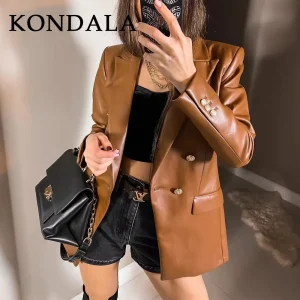 KONDALA 2025 Autunno Inverno Office Lady PU Blazer Moda Vintage Solid Doppio Petto Coprispalle Casual Chic Elegante Donna Blazer 1