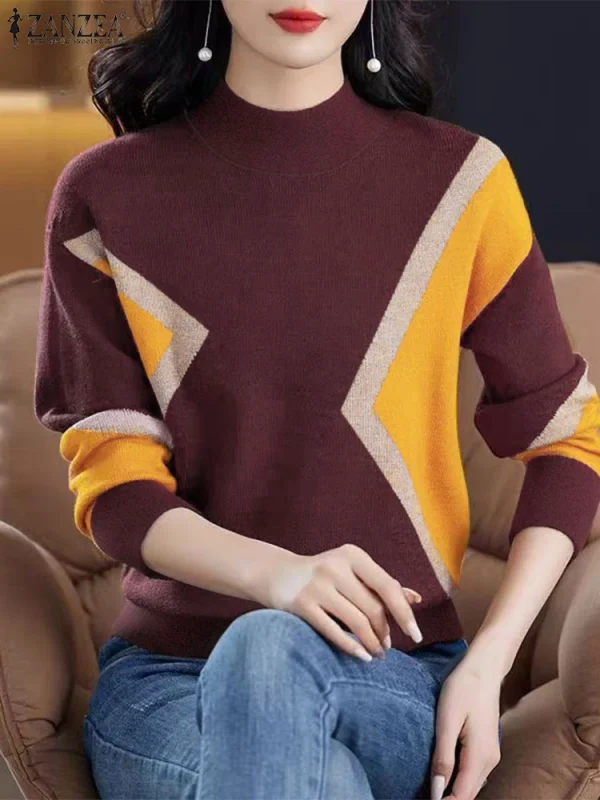 ZANZEA 2025 Donne di Autunno Elegante Collo Alto Lavorato A Maglia Magliette Casual A Maniche Lunghe T-Shirt Moda Colorblock Magliette e camicette Patchwork Tuniche 2