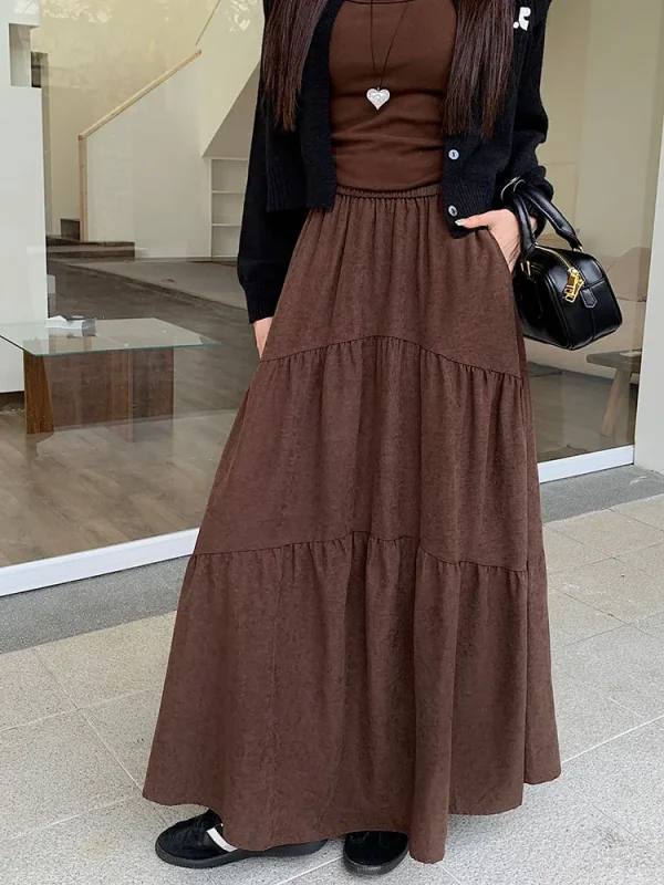 Qiukichonson Gonna lunga maxi grigia Donna 2024 Moda coreana Autunno Inverno Casual Gonne a pieghe con volant a vita alta 90 cm Rok 6