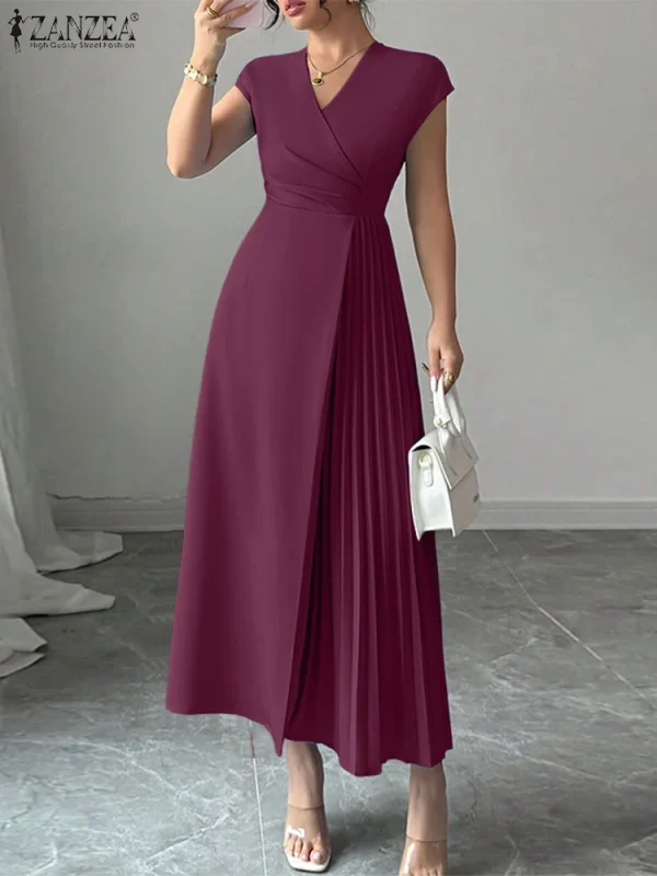 ZANZEA Ufficio Abiti da donna 2025 Elegante scollo a V senza maniche Abito da festa Solido Pieghettato Vestito estivo Elegante Vita Maxi Abiti lunghi 3